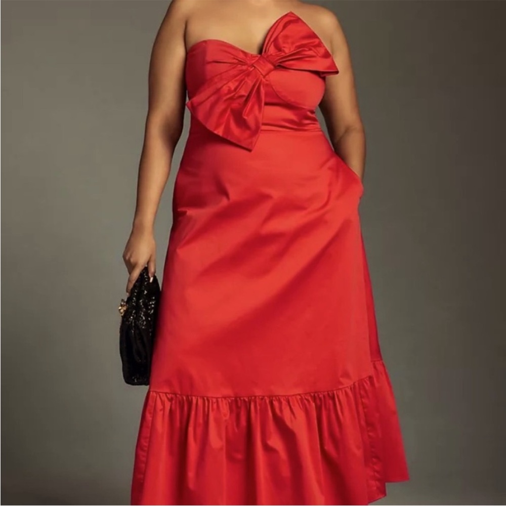 Hutch Strapless Red Bow Midi Dress